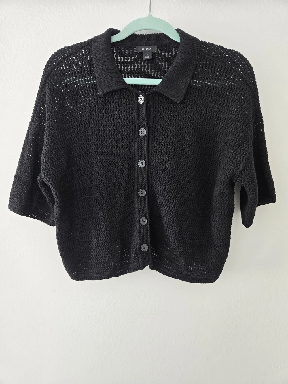 Halogen Black Short-Sleeve Knit Button-Front Top Cotton Size Small Short square
